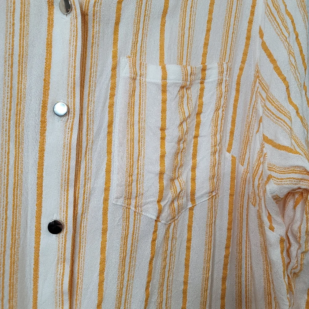 89+Madison 3/4 sleeve button up roll tab yellow stripe crepe collared sh…